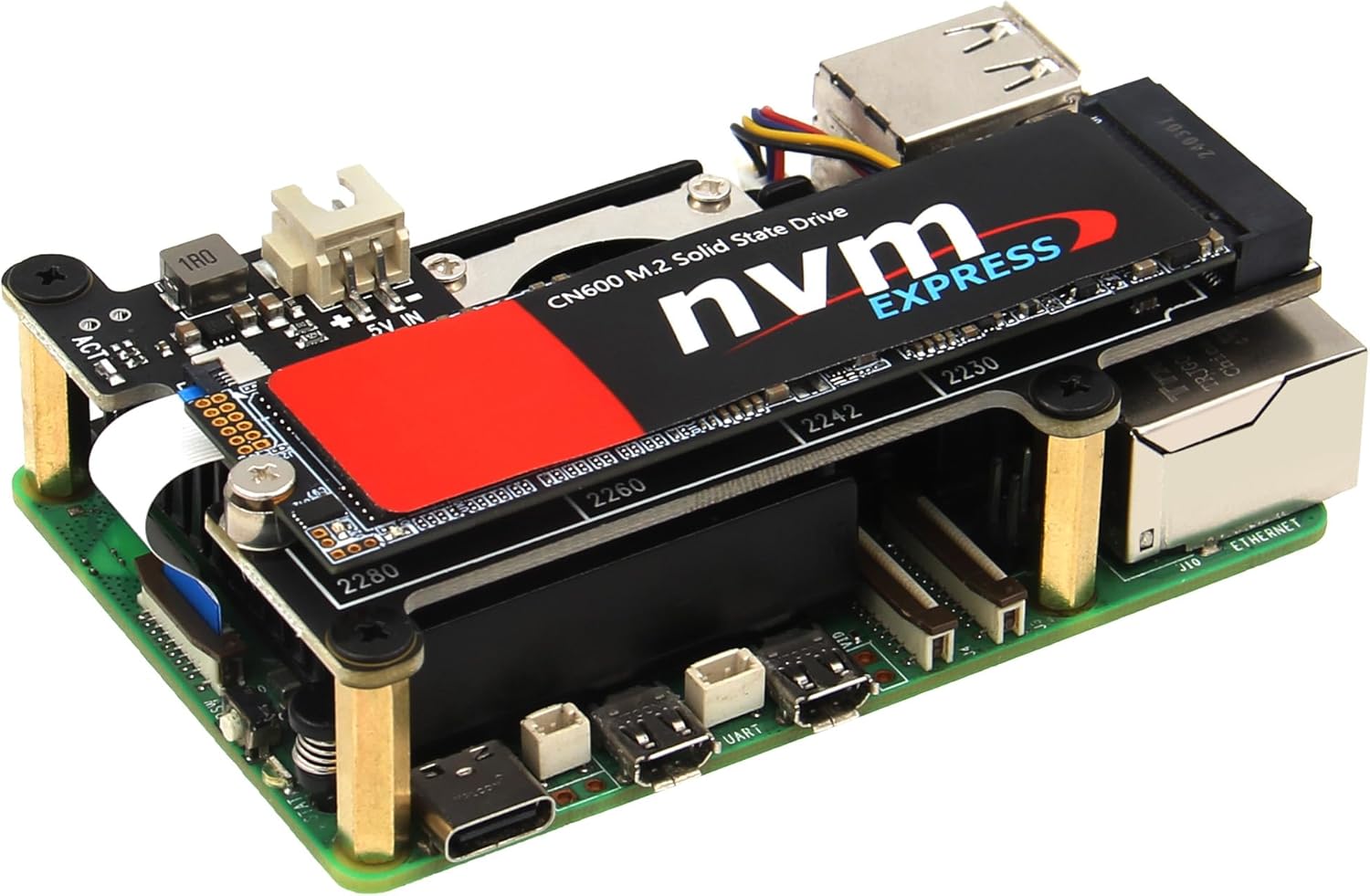 NVMe M.2 SSD board stacked on a Raspberry Pi 5
